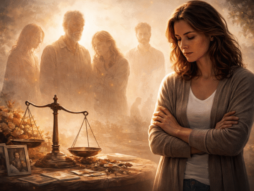 Mujer reflexiva junto a una balanza antigua y fotografías familiares con figuras difusas al fondo que simbolizan ancestros y memoria transgeneracional en constelaciones familiares.