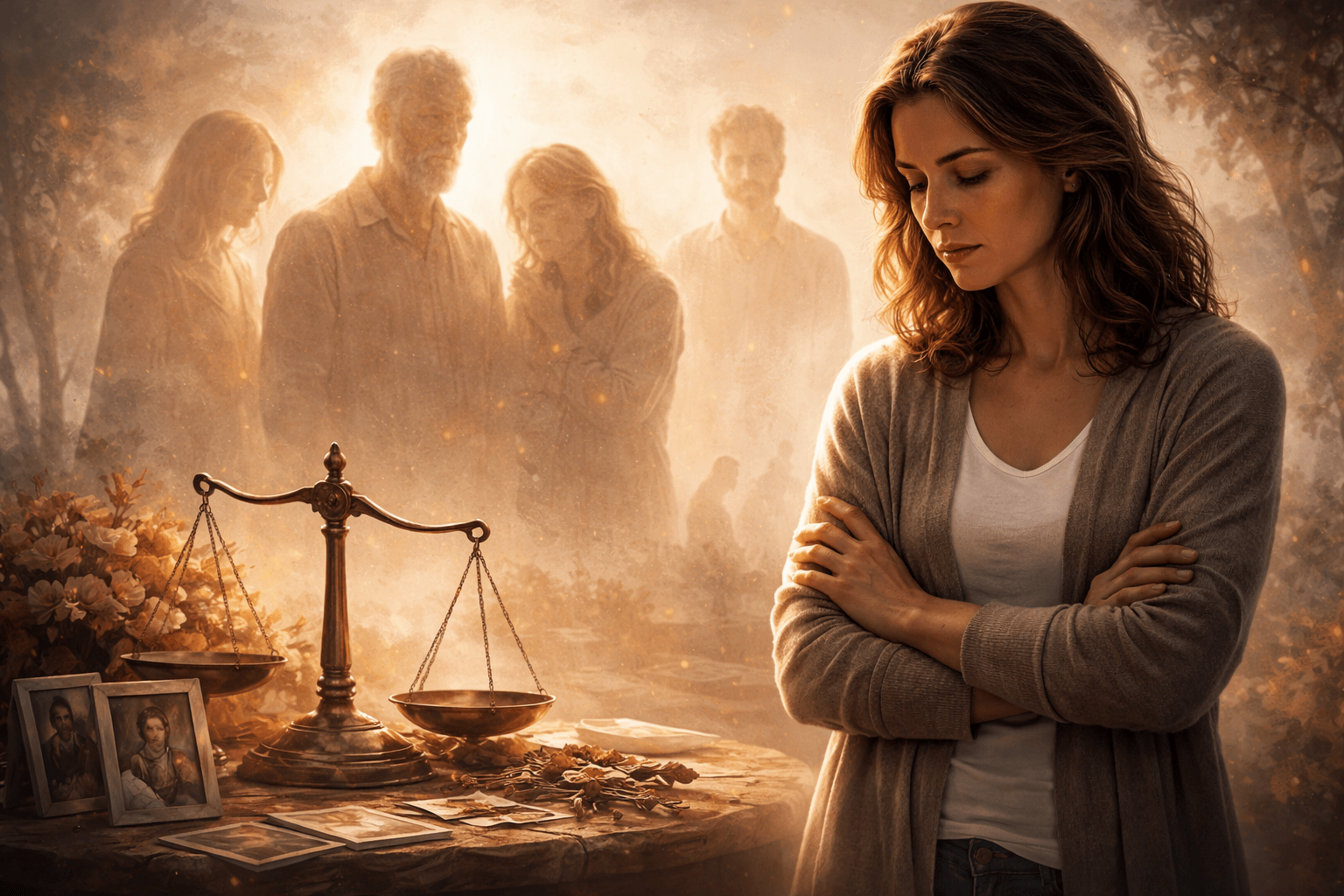Mujer reflexiva junto a una balanza antigua y fotografías familiares con figuras difusas al fondo que simbolizan ancestros y memoria transgeneracional en constelaciones familiares.
