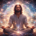 Persona en estado de meditación profunda rodeada de campos energéticos y patrones luminosos que representan la conciencia y la observación como agentes de sanación.