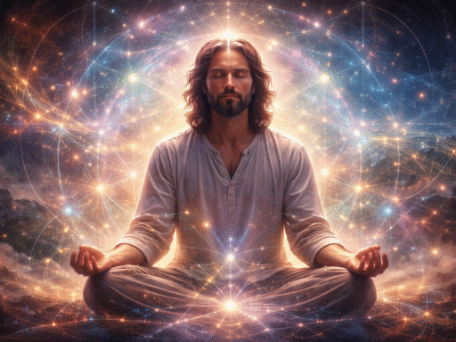 Persona en estado de meditación profunda rodeada de campos energéticos y patrones luminosos que representan la conciencia y la observación como agentes de sanación.