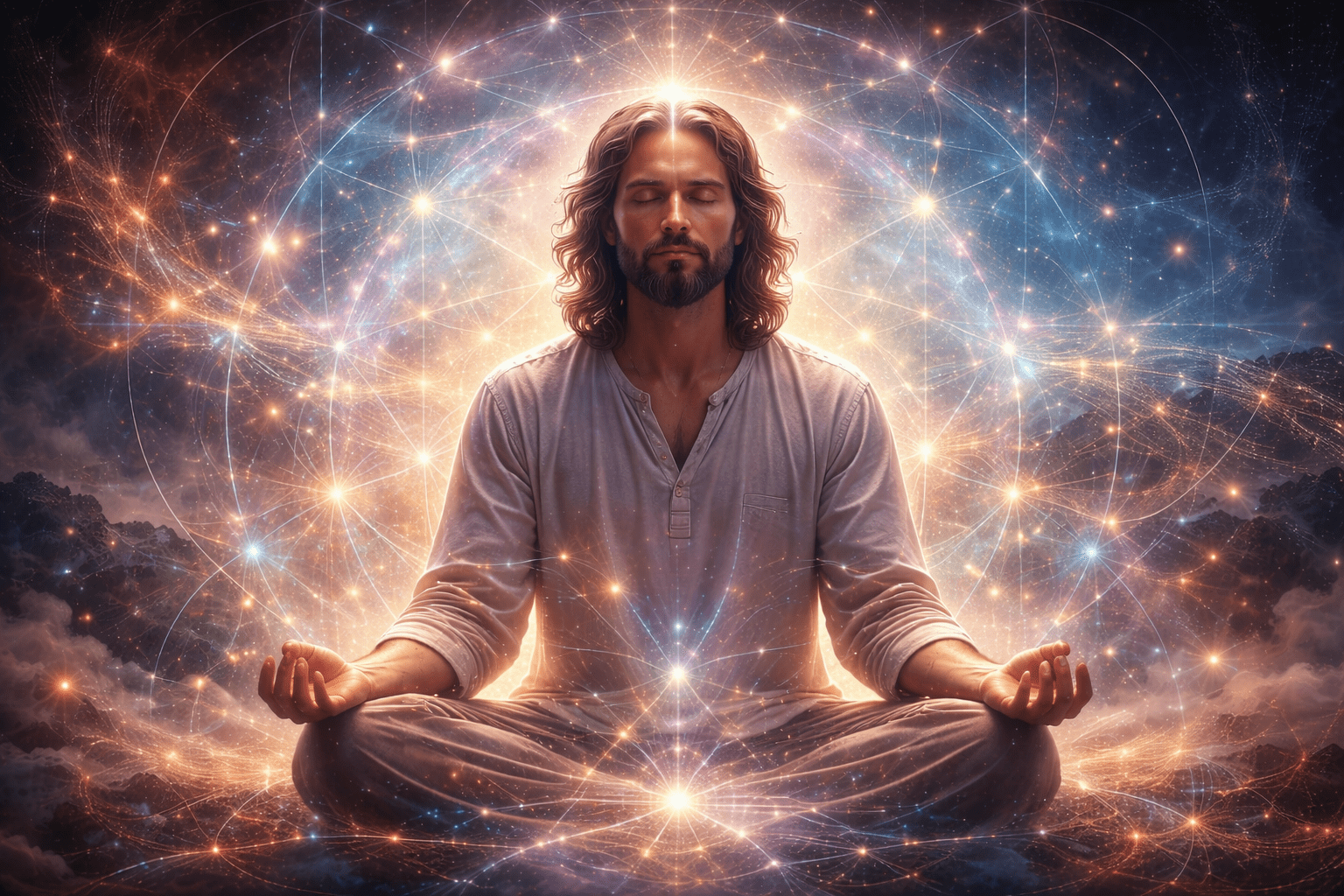 Persona en estado de meditación profunda rodeada de campos energéticos y patrones luminosos que representan la conciencia y la observación como agentes de sanación.