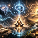 Ilustración horizontal conceptual que combina ciencia y espiritualidad con símbolos de energía, redes neuronales y figuras humanas en un entorno surrealista.
