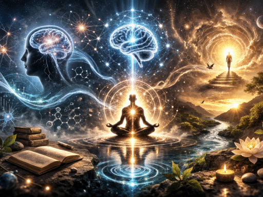 Ilustración horizontal conceptual que combina ciencia y espiritualidad con símbolos de energía, redes neuronales y figuras humanas en un entorno surrealista.