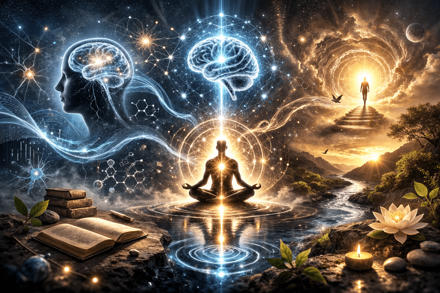 Ilustración horizontal conceptual que combina ciencia y espiritualidad con símbolos de energía, redes neuronales y figuras humanas en un entorno surrealista.
