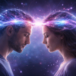 Ilustración horizontal de un hombre y una mujer con los ojos cerrados, frente a frente, conectados por una luz brillante entre sus cabezas que simboliza telepatía y sincronización cerebral.