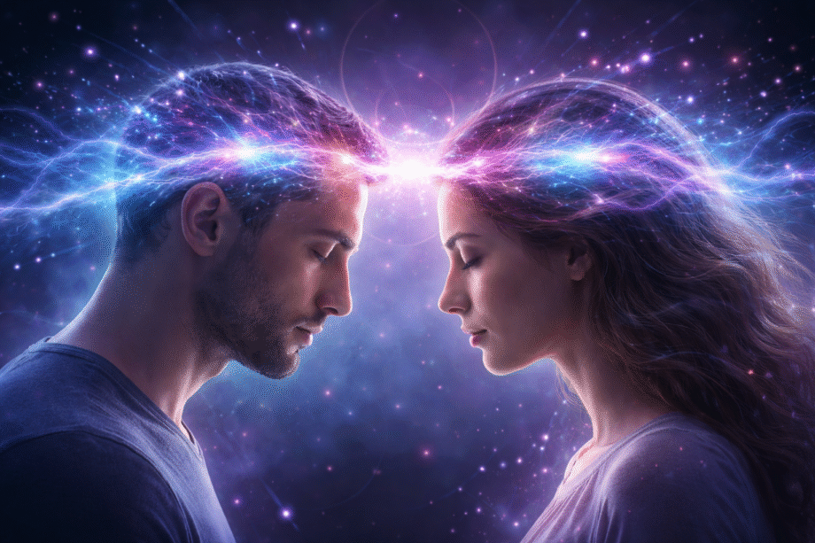 Ilustración horizontal de un hombre y una mujer con los ojos cerrados, frente a frente, conectados por una luz brillante entre sus cabezas que simboliza telepatía y sincronización cerebral.