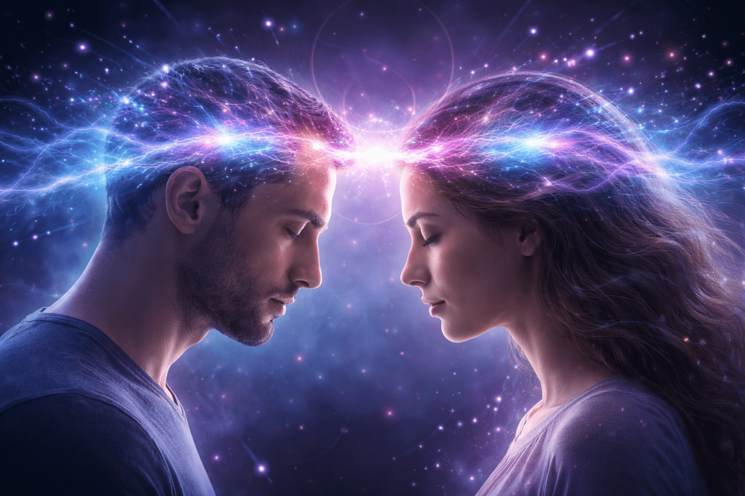 Ilustración horizontal de un hombre y una mujer con los ojos cerrados, frente a frente, conectados por una luz brillante entre sus cabezas que simboliza telepatía y sincronización cerebral.