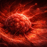 Ilustración digital en formato horizontal de un tumor canceroso en entorno celular rojo, con vasos sanguíneos y tejido circundante detallado.