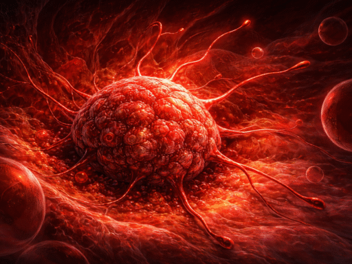 Ilustración digital en formato horizontal de un tumor canceroso en entorno celular rojo, con vasos sanguíneos y tejido circundante detallado.