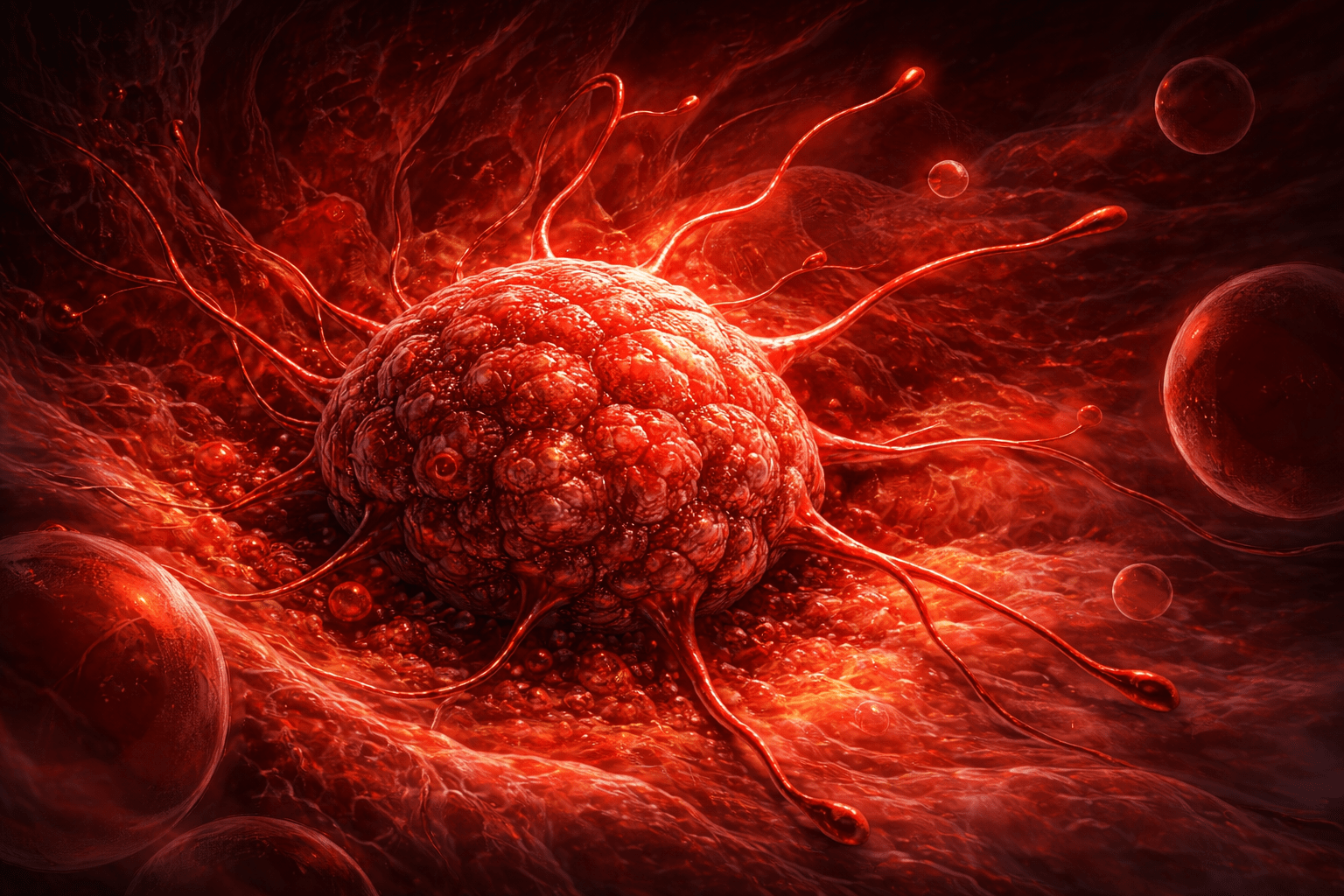Ilustración digital en formato horizontal de un tumor canceroso en entorno celular rojo, con vasos sanguíneos y tejido circundante detallado.