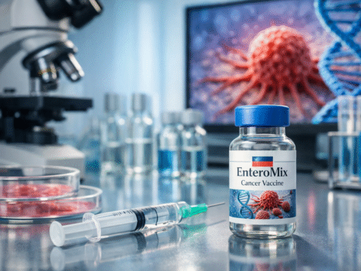 Frasco de vacuna EnteroMix contra el cáncer junto a una jeringa en un laboratorio, con microscopio y representación digital de células cancerígenas al fondo.