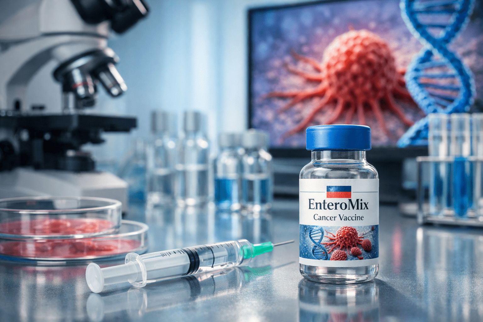Frasco de vacuna EnteroMix contra el cáncer junto a una jeringa en un laboratorio, con microscopio y representación digital de células cancerígenas al fondo.