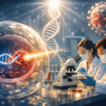 Ilustración científica que muestra la eliminación del VIH del ADN dentro de una célula humana mediante técnicas avanzadas de edición genética en un laboratorio.