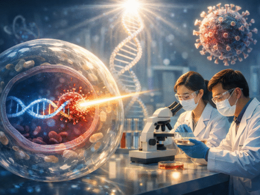 Ilustración científica que muestra la eliminación del VIH del ADN dentro de una célula humana mediante técnicas avanzadas de edición genética en un laboratorio.
