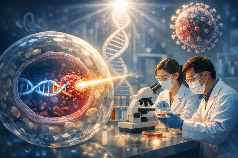 Ilustración científica que muestra la eliminación del VIH del ADN dentro de una célula humana mediante técnicas avanzadas de edición genética en un laboratorio.