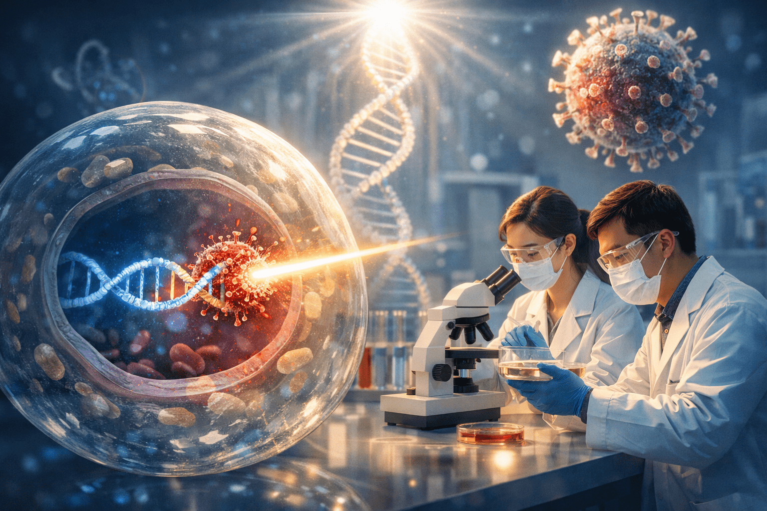 Ilustración científica que muestra la eliminación del VIH del ADN dentro de una célula humana mediante técnicas avanzadas de edición genética en un laboratorio.