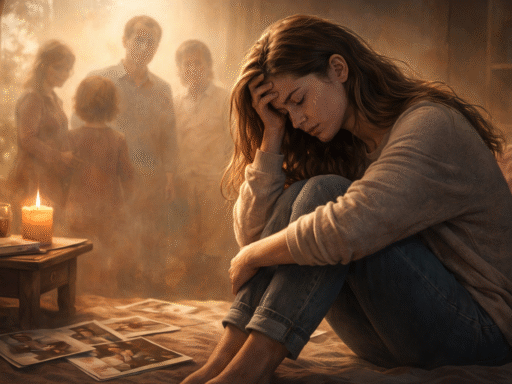 Mujer sentada con gesto de tristeza rodeada de fotografías familiares y una vela, simbolizando la herida emocional de la culpa y los vínculos familiares del pasado.