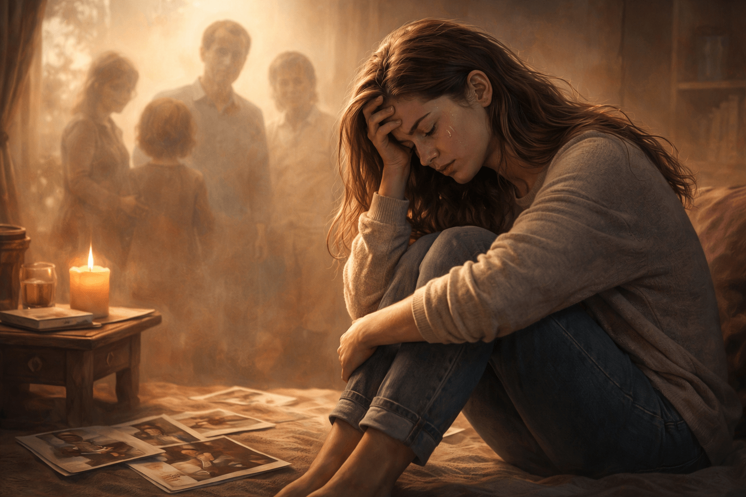 Mujer sentada con gesto de tristeza rodeada de fotografías familiares y una vela, simbolizando la herida emocional de la culpa y los vínculos familiares del pasado.