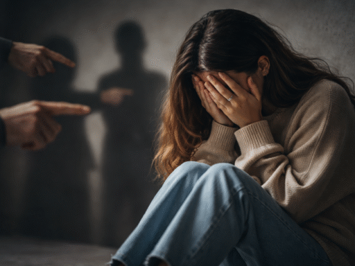 Mujer joven sentada en el suelo cubriéndose el rostro mientras figuras desenfocadas la señalan al fondo, representando la herida emocional de la humillación.