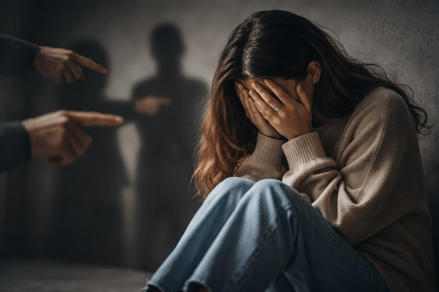 Mujer joven sentada en el suelo cubriéndose el rostro mientras figuras desenfocadas la señalan al fondo, representando la herida emocional de la humillación.