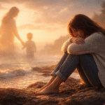 Mujer sentada sola en una playa al atardecer mientras observa a lo lejos la silueta difusa de una madre con su hijo, simbolizando la herida emocional del abandono.