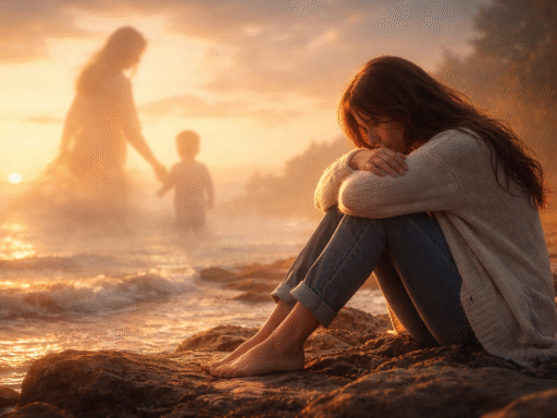 Mujer sentada sola en una playa al atardecer mientras observa a lo lejos la silueta difusa de una madre con su hijo, simbolizando la herida emocional del abandono.