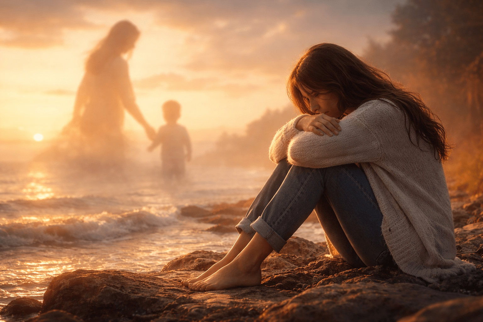 Mujer sentada sola en una playa al atardecer mientras observa a lo lejos la silueta difusa de una madre con su hijo, simbolizando la herida emocional del abandono.