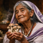 María Sabina sosteniendo hongos sanadores en sus manos, evocando la tradición chamánica y la conciencia explorada por Jacobo Grinberg.