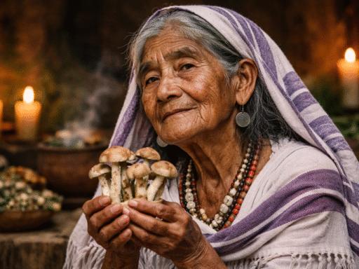 María Sabina sosteniendo hongos sanadores en sus manos, evocando la tradición chamánica y la conciencia explorada por Jacobo Grinberg.