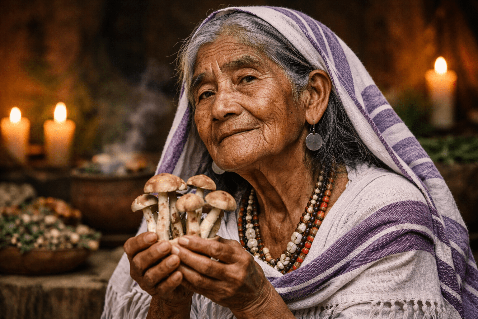 María Sabina sosteniendo hongos sanadores en sus manos, evocando la tradición chamánica y la conciencia explorada por Jacobo Grinberg.