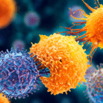 Ilustración de células inmunitarias atacando células cancerosas con mutación del gen KRAS en un entorno microscópico colorido.