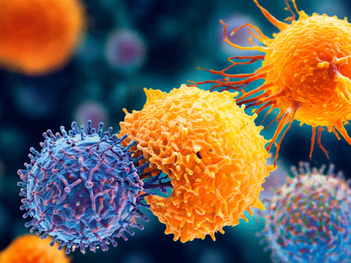 Ilustración de células inmunitarias atacando células cancerosas con mutación del gen KRAS en un entorno microscópico colorido.