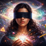Mujer con los ojos vendados meditando, rodeado de energía cósmica, patrones cerebrales y símbolos abstractos, ilustrando la visión extraocular y la expansión de la conciencia según Jacobo Grinberg.