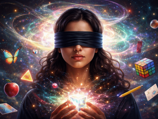 Mujer con los ojos vendados meditando, rodeado de energía cósmica, patrones cerebrales y símbolos abstractos, ilustrando la visión extraocular y la expansión de la conciencia según Jacobo Grinberg.