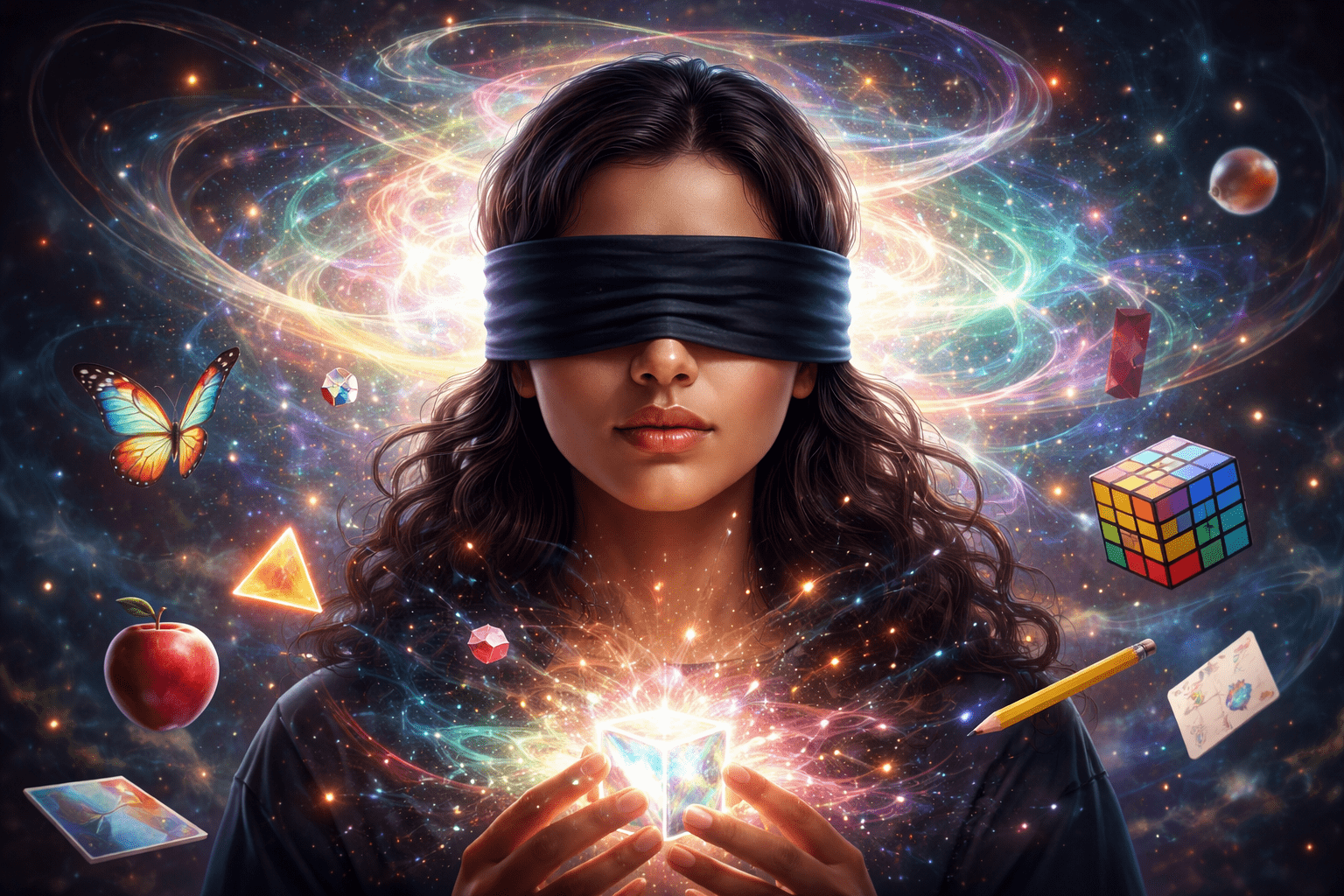 Mujer con los ojos vendados meditando, rodeado de energía cósmica, patrones cerebrales y símbolos abstractos, ilustrando la visión extraocular y la expansión de la conciencia según Jacobo Grinberg.