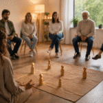Grupo de personas sentadas en círculo durante una sesión de constelaciones familiares, con figuras de madera en el suelo representando relaciones familiares.