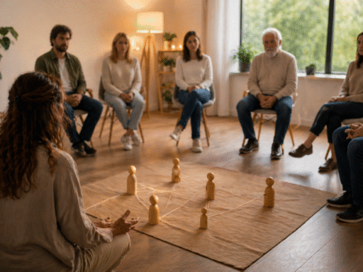 Grupo de personas sentadas en círculo durante una sesión de constelaciones familiares, con figuras de madera en el suelo representando relaciones familiares.