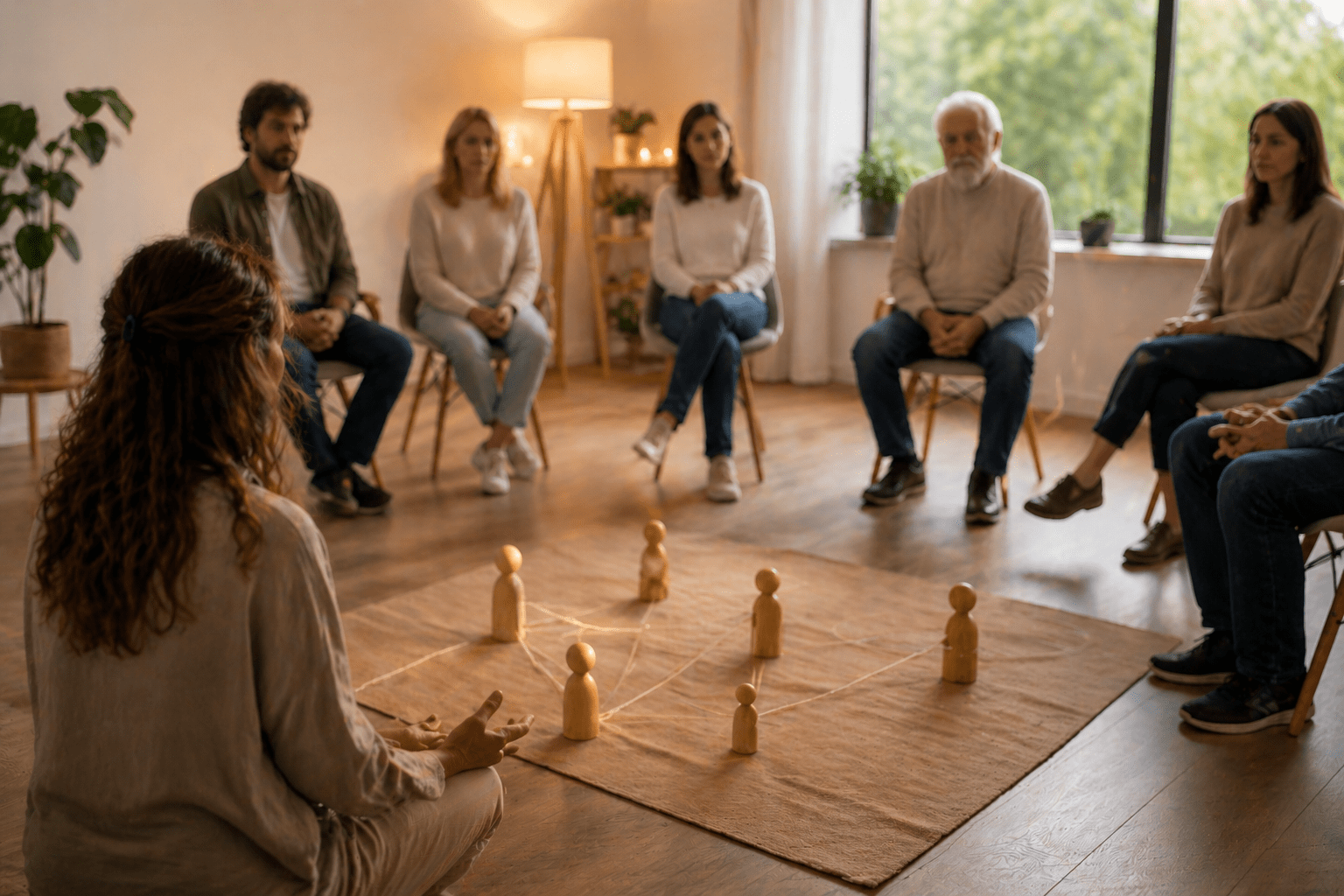 Grupo de personas sentadas en círculo durante una sesión de constelaciones familiares, con figuras de madera en el suelo representando relaciones familiares.