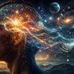 Ilustración de un perfil humano con conexiones neuronales que se expanden hacia un entorno cósmico, simbolizando la relación entre conciencia, cerebro y el hipercampo según Jacobo Grinberg.