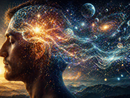 Ilustración de un perfil humano con conexiones neuronales que se expanden hacia un entorno cósmico, simbolizando la relación entre conciencia, cerebro y el hipercampo según Jacobo Grinberg.