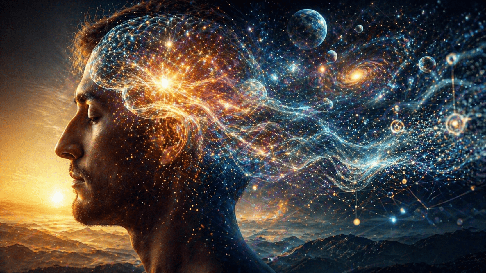 Ilustración de un perfil humano con conexiones neuronales que se expanden hacia un entorno cósmico, simbolizando la relación entre conciencia, cerebro y el hipercampo según Jacobo Grinberg.