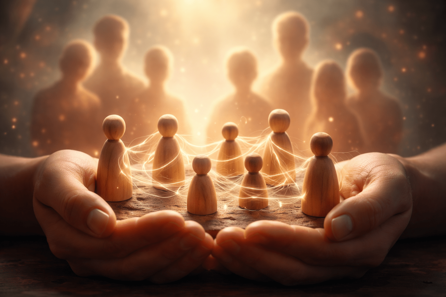Pareja observando figuras familiares conectadas por hilos luminosos en un entorno natural, simbolizando las lealtades invisibles en las constelaciones familiares.