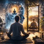 Persona meditando frente a un portal luminoso que refleja una versión más consciente de sí misma, rodeada de elementos científicos y cósmicos que simbolizan la transformación interior y la conexión mente-realidad.