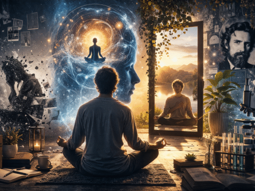 Persona meditando frente a un portal luminoso que refleja una versión más consciente de sí misma, rodeada de elementos científicos y cósmicos que simbolizan la transformación interior y la conexión mente-realidad.