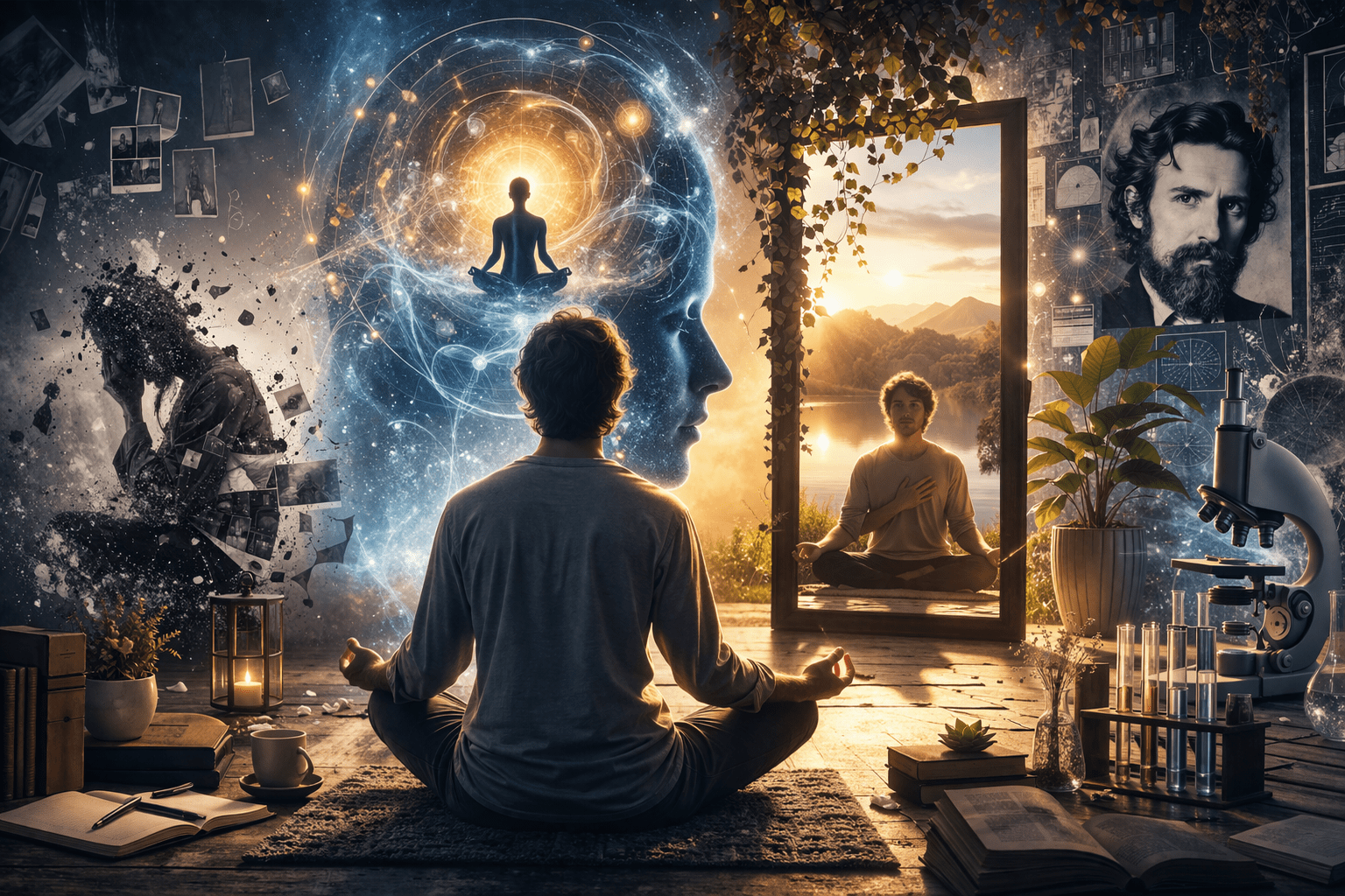 Persona meditando frente a un portal luminoso que refleja una versión más consciente de sí misma, rodeada de elementos científicos y cósmicos que simbolizan la transformación interior y la conexión mente-realidad.