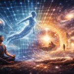 Viaje astral según Jacobo Grinberg con figura meditativa y conciencia expandiéndose en un campo energético tipo lattice