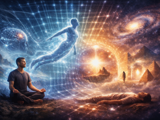 Viaje astral según Jacobo Grinberg con figura meditativa y conciencia expandiéndose en un campo energético tipo lattice