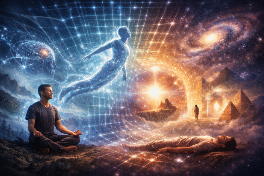 Viaje astral según Jacobo Grinberg con figura meditativa y conciencia expandiéndose en un campo energético tipo lattice