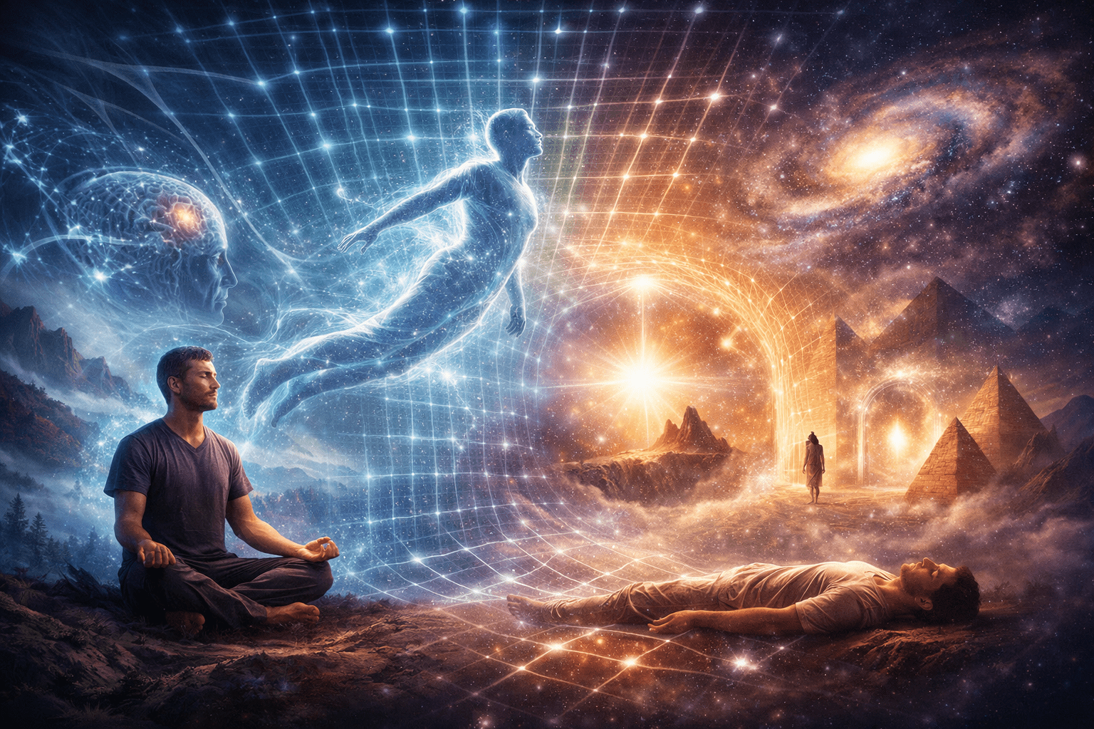 Viaje astral según Jacobo Grinberg con figura meditativa y conciencia expandiéndose en un campo energético tipo lattice