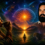 Imagen surrealista de estilo psicodélico con un chamán bebiendo ayahuasca en la selva, un cerebro brillante en el cielo y el rostro de Jacobo Grinberg, simbolizando la conexión entre mente, conciencia y naturaleza.